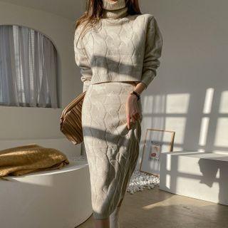 Turtleneck Top & Matching Skirt Cable-knit Set