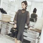 Set: Beaded Mock Neck Long Sleeve Mesh Top + V-neck Sleeveless Dress
