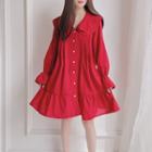 Long-sleeve Ruffle Trim Shirt Dress As Shown In Figure - One Size