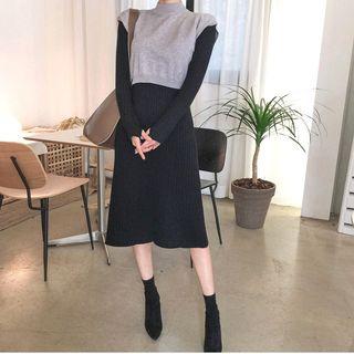 Set: Long-sleeve V-neck Midi Knit Dress + Mock Neck Sleeveless Top