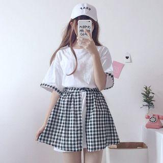 Set: Short-sleeve Plaid Panel Top + Mini Plaid A-line Skirt