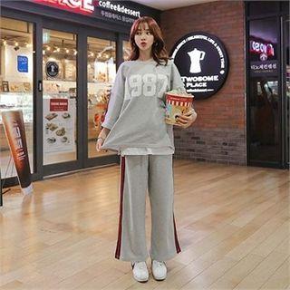 Set: Contrast-trim Number T-shirt + Wide-leg Pants