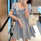 Puff-sleeve Plain Bow Accent A-line Dress