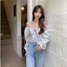 Long-sleeve Off-shoulder Striped Blouse White - One Size
