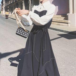 Long-sleeve Collar Mock Two-piece Midi A-line Dress
