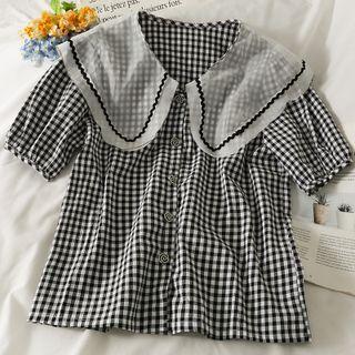 Mesh-collar Checker Loose Shirt Black - One Size