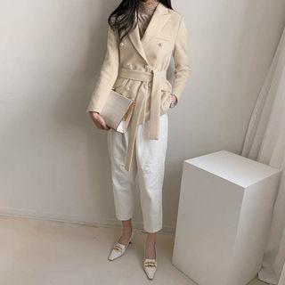 Faux-pearl Woolen Blazer & Sash Cream - One Size