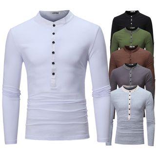 Stand-collar Button Detail Long-sleeve T-shirt