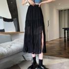 Crinkle Side-slit Plain Midi Skirt