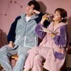 Couple Matching Loungewear Set : Fleece Lettering Embroidered Hooded Robe + Pants