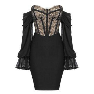 Off-shoulder Lace Panel Mini Bodycon Dress