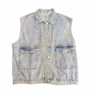 Floral Embroidered Denim Vest Blue - One Size