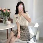 Short-sleeve Bear Embroidered Collared T-shirt / Plaid Mini Pleated Skirt