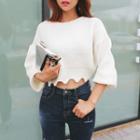 Balloon-sleeve Scallop-hem Cropped Sweater