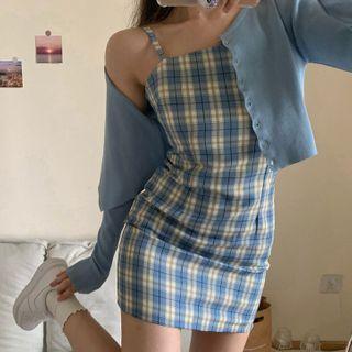 Set: Cardigan + Spaghetti Strap Plaid Mini A-line Dress