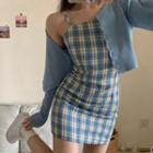 Set: Cardigan + Spaghetti Strap Plaid Mini A-line Dress