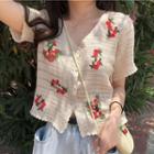 Floral Embroidered Short-sleeve Cropped Cardigan