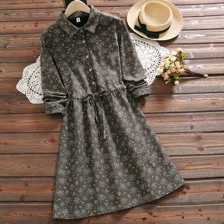 Long-sleeve Floral Print Collared A-line Dress