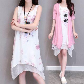 Set: Printed Sleeveless A-line Dress + Elbow-sleeve Long Jacket