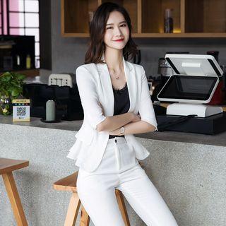 Elbow-sleeve Blazer / Spaghetti Strap Top / Cropped Pants / Mini Pencil Skirt / Set
