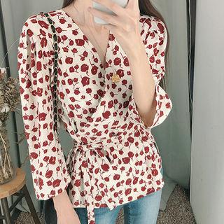3/4-sleeve Floral Print Wrap-front Top