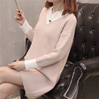 Contrast Trim Rib-knit Long-sleeve Sweater Dress