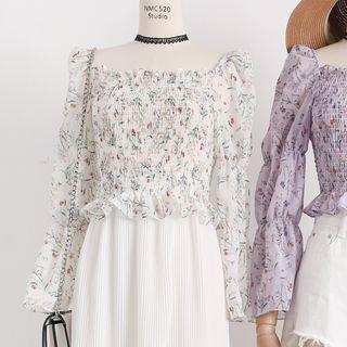 Square-neck Ruffled-trim Printed Chiffon Top