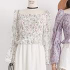 Square-neck Ruffled-trim Printed Chiffon Top