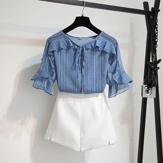 Set: Short-sleeve Striped Top + Wide Leg Shorts