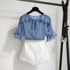 Set: Short-sleeve Striped Top + Wide Leg Shorts