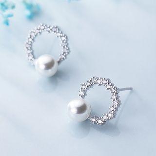 925 Sterling Silver Rhinestone Pearl Earring Silver - One Size