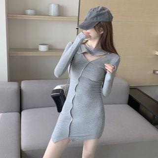 Long-sleeve Asymmetrical Cutout Mini Bodycon Dress