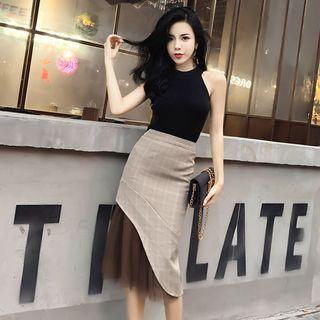 Set: Knit Tank Top + Plaid Panel Midi Skirt