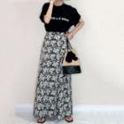 Set: Elbow-sleeve Lettering T-shirt + Floral A-line Maxi Skirt T-shirt - Black - One Size / Skirt - Floral - Black & White - One Size