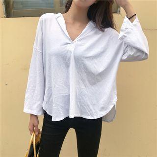 V-neck Hooded Long-sleeve T-shirt