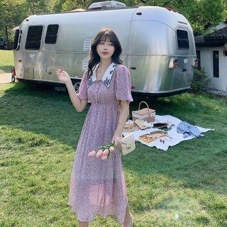 Collared Floral Print Puff-sleeve Midi A-line Dress