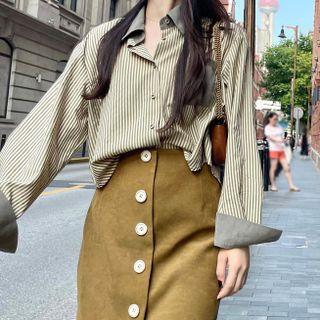 Long-sleeve Two-tone Striped Cropped Shirt