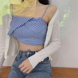 Plaid Cropped Camisole Top / Pointelle Knit Cardigan