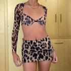 Set: Leopard Print Sweetheart Collar Crop Top + Mini Pencil Skirt