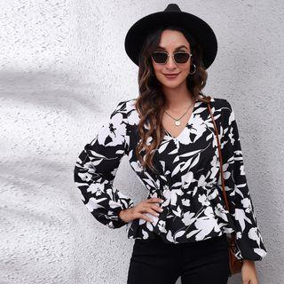 Balloon-sleeve Print Peplum Blouse