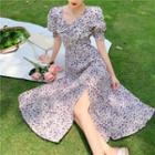Floral Short-sleeve Side-slit Dress