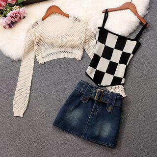 Set: Checker Print Knit Camisole Top + Belted A-line Denim Skirt + Perforated Crop Knit Top