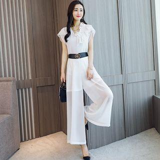 Set: Ruffle Trim Chiffon Short Sleeve Top + Wide Leg Pants