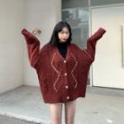 Plain V-neck Single-breasted Loose-fit Cable-knit Cardigan
