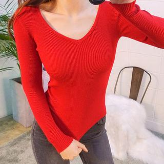 Lace-up V-neck Slim-fit Knit Top