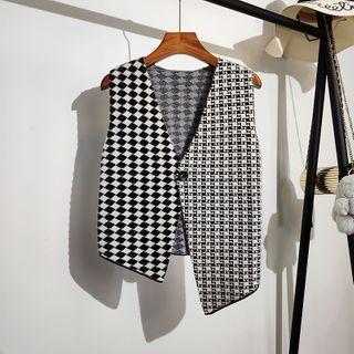 V-neck Color-block Plaid Vest Black - One Size