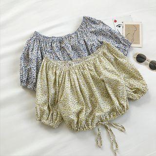 Floral Crewneck Puff-sleeve Top