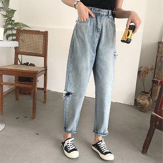 Plain Ripped High-waist Cropped Pants Jeans