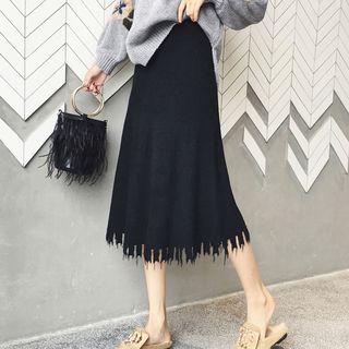 Knit Frayed Midi A-line Skirt