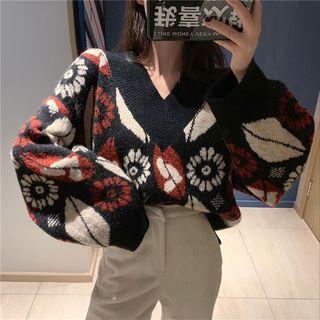 Flower V-neck Loose-fit Sweater As Figure - One Size